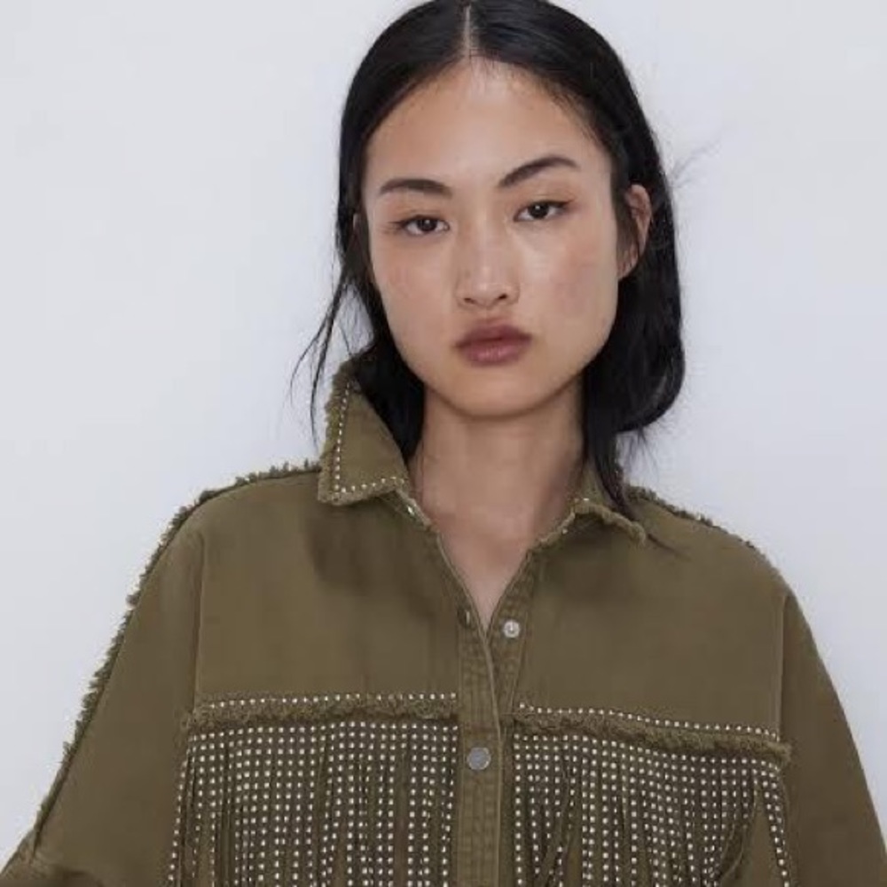 Zara olive green fringe jean jacket